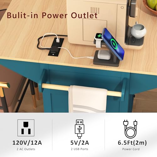 Kitchen Island with 2 Drop Leaf, Home Cart Island on Wheels Foldable Dining Table with Power Outlets,3 Drawers,Storage Cabinet, Tower Rack(Green) - color: Green