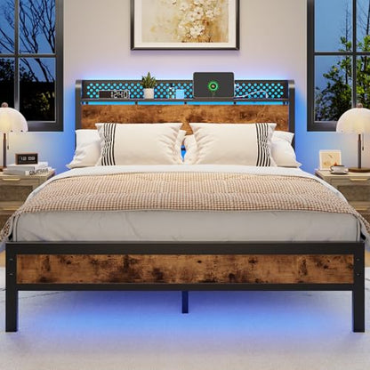 Queen Bed Frame with Headboard,Charging Station and LED Lights | Metal Platform Bed with Charging Station and LED Lights, Noise Free, Easy Assembly,No Box Spring Needed, Brown - size: Queen