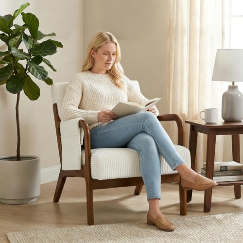 DUMOS Mid Century Modern Accent Chair, 17'' Seat Height with Side Pocket | Upholstered Small Side Chair with Lumbar Pillow and Wood Frame for Living Room, Bedroom, Reading Nook, Easy Assembly, Beige - color: Beige, size: 1 PC
