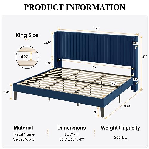 SHA CERLIN King Size Velvet Bed Frame, Tufted Wingback Headboard, Blue | 47'' Modern Vertical Channel Headboard, Upholstered Platform Bed, Wood Slats, No Box Spring Needed, Easy Assembly, Noise Free - color: Blue, size: King
