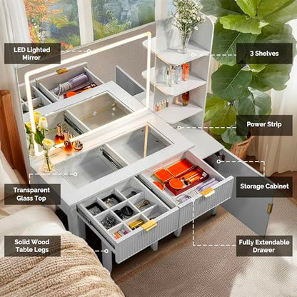 Vanity Desk with Stool, Mirror and Lights 3 Color, Makeup Vanity with Power Outlet, Dressing Table with Drawers, Storage Shelves, Adjustable Brightness, White - color: White