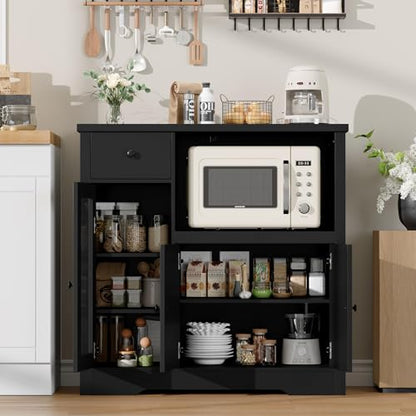 GarveeHome Kitchen Microwave Cabinet with Storage and Drawers, Black | Modern Small Buffet Cabinet, Glass Doors, Adjustable Shelf, Wooden Sideboard, Wide Top, for Dining Room, Living Room - color: Black