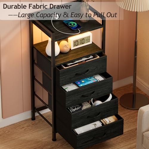 Night Stand with Charging Station,LED,Tall Bedside Table for Dorm | 4 Drawer Dresser for bedroom, with LED light & Remote Control, Fabric Bins and Metal Frame,Wood Desk Top,Easy Assemble,Black - color: Black Oak, style: 4 Drawer