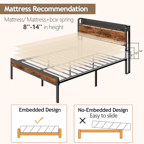 Full Bed Frame with Headboard,Charging Station and LED Lights | Metal Platform Bed with Charging Station and LED Lights, Noise Free, Easy Assembly,No Box Spring Needed, Brown - size: Full
