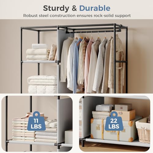 DUMOS Portable Wardrobe Closet with Cover, Freestanding Portable Garment Rack, Portable Closet Wardrobe for Clothes Storage, Clothes Organizer for Bedroom, Dorm, Apartment, Gray.