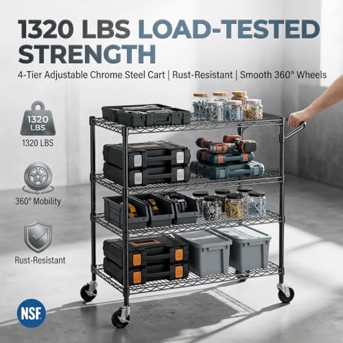 Finnhomy 4 Tier Heavy Duty Commercial Grade Rolling Cart with Handle Bar, Metal Wire Utility Cart with Wheels, Service Trolley on Wheels, Shelf Size 18" D x 36" W, NSF, Black - size: 36"L x 18"W x 46.4"H-4 Tier, style: Black Cart