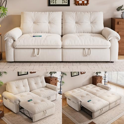 77" Sleeper Sofa Bed, Convertible Pull Out Couch with Velvet Fabric, 3-in-1 Loveseat L Shaped Couch Bed with Adjustable Backrest, Side Pocket & USB Ports for Living Room Apartment, White - color: Beige, style: Sofa Bed w/USB
