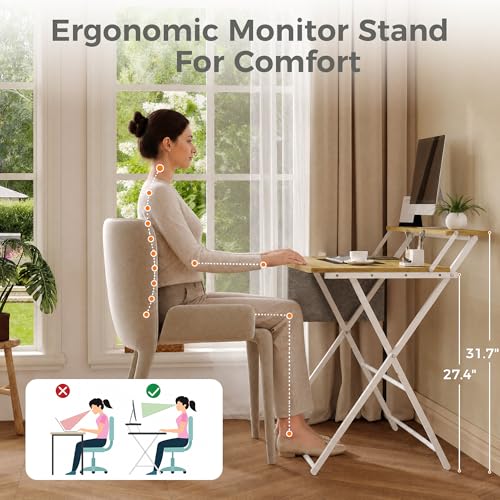 Small Desk No Assembly,31.5Inch 2-Tier Compact Computer Desk with Shelf & Side Pocket,Space Saving Foldable Table for Home Office, Bedroom or Apartment,Portable Collapsible Sturdy Laptop Desk,Oak - color: Oak