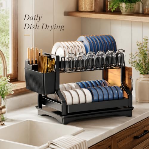 Fandian Black Dish Drying Rack 2 Tier Dish Racks for Kitchen Counter and Sink, Large Dish Drying Rack with Drainboard & Utensil Holders Stainless Steel Dish Drainers Kitchen Organization and Storage - color: Black Dish Racks