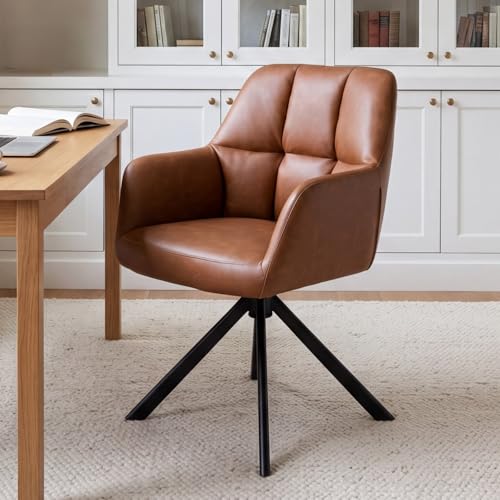 EALSON Comfy Leather Desk Chair Modern Computer Task Chair no Wheels Swivel Accent Chair with Mid Back Arm Chair for Living Room/Bedroom/Home Office, PU Brown - color: Brown