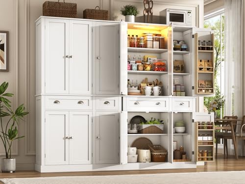 71"H Tall Kitchen Pantry Cabinet with LED Lights,39"W Modern Large Kitchen Hutch Cabinet w/6 Door Shelves,2 Large Drawer,Freestanding Food Pantry w/Adjustable Shelves for Kitchen,Dining Room,White - color: White