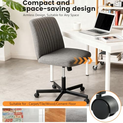 FDW Criss Cross Chair with Wheels Cross Legged Office Desk Modern Swivel Height Adjustable Wide Seat Computer Task Vanity Chair Comfy Fabric Armless Seating for Home Office - color: Grey, style: With Wheels