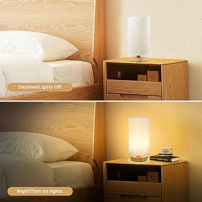 Small Bedside Table Lamp for Bedroom, Minimalist Wood Base & Round Fabric Shade, Mini Cute Cozy Warm White Nightstand Boho Lamp, Study Desk Night Stand Light for Room, Dorm, Nursery, Living Room - size: Round - Set of 1