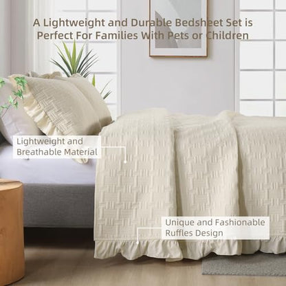 DJY Queen Size Quilt Sets, Lightweight Ruffled Bedding Sets, Beige | Soft Basket Weave Quilted Blanket, Summer Quilt Bed Cover for All Season - 3 Piece (1 Quilt, 2 Pillow Shams) - color: Cream, size: Queen