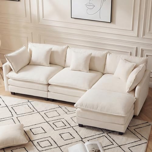 Modular Sectional Sofa for Living Room, 102" Oversized Cloud Couch with Movable Ottoman, 4 Seat Modern Comfy Sofa Chenille Deep Seat Couches with L Shape, for Office Bedroom Living Room - color: Beige, size: 102" L Shape