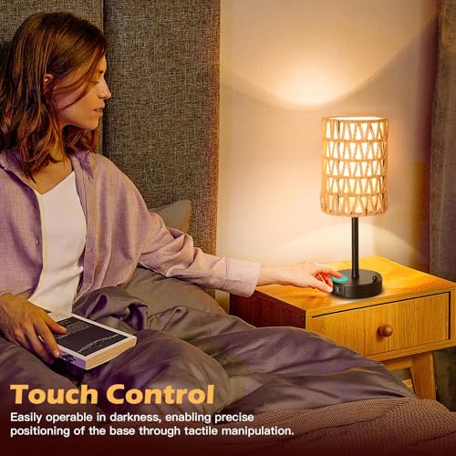 Rattan Table Lamps for Living Room, 3 Way Dimmable Touch Lamps, Small Bedside Lamps with LED Bulbs, Phone Stand, USB Ports and AC Outlet, Boho Nightstand Lamp for Kids Room, Bedroom, Office (1 Pack) - size: 1 Pack Rattan
