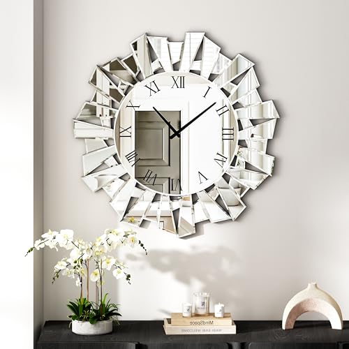 SHYFOY Silver Wall Clock, 24" Large Modern Mirror Clock | Roman Numerals, Luxury Art Wall Decor,Ideal Decoration for Living Room, Bedroom and Dining Room - size: Irregular