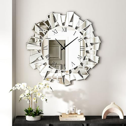 SHYFOY Silver Wall Clock, 24" Large Modern Mirror Clock | Roman Numerals, Luxury Art Wall Decor,Ideal Decoration for Living Room, Bedroom and Dining Room - size: Irregular