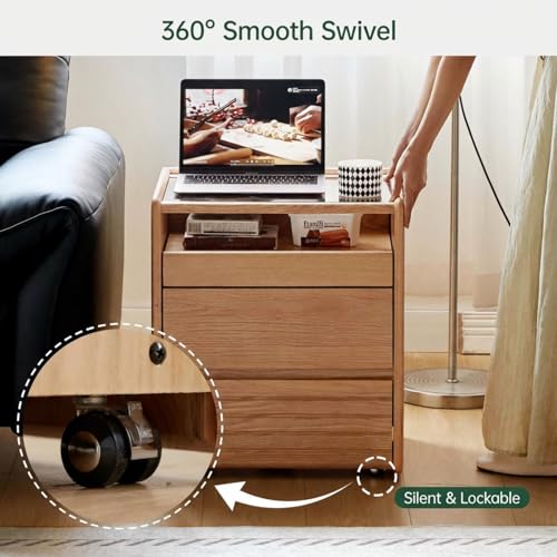 Solid Oak Nightstand with Hidden Drawers, Natural Wood Night Stand with Wheels, Rolling Bedside Table with Glass Tabletop and Open Shelf, Modern Nightstand for Bedroom, Living Room(25.59" H) - color: Natural, size: 1 pc(13.78"D x 19.69"W x 25.59"H )