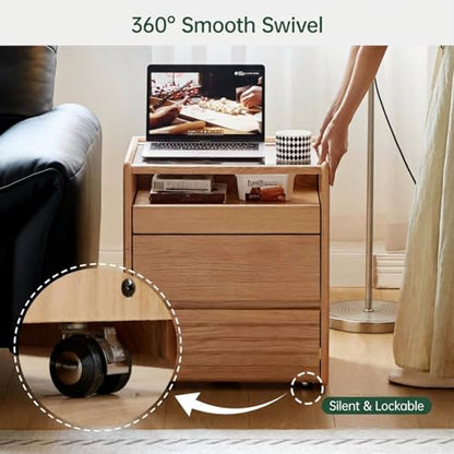 Solid Oak Nightstand with Hidden Drawers, Natural Wood Night Stand with Wheels, Rolling Bedside Table with Glass Tabletop and Open Shelf, Modern Nightstand for Bedroom, Living Room(25.59" H) - color: Natural, size: 1 pc(13.78"D x 19.69"W x 25.59"H )