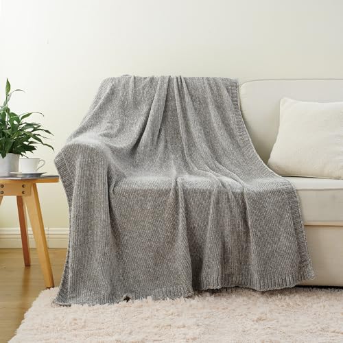 Chenille Throw Blanket for Couch Sofa, Light Grey Throw Blanket 51"x67" | Shiny Chenille Blanket, Soft Cozy Gray Knit Throw Blanket, Knitted Chenille Throw Blanket for Chair, Living Room, Home Decor - color: Gray