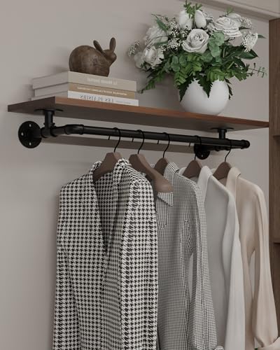 Clothes Rack 36in, Wall Mounted Garment Rack with Real Walnut Wood Shelf, Heavy Duty Hanging Clothes shelf, Multi-Purpose Hanging Rod, Space-Saving Closet Storage (Walnut, 1T36IN) - color: Walnut, size: 1T36IN