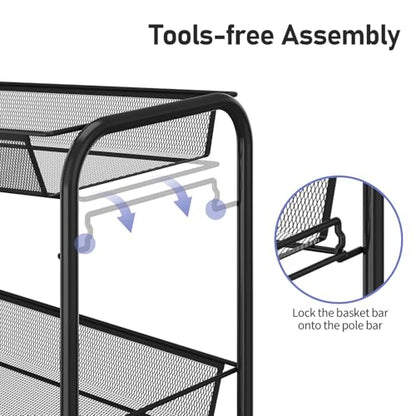 TOOLF 4-Tier Rolling Cart, Metal Utility Cart with 3 Hooks, Easy Assemble Mobile Storage Trolley On Wheels, Metal Shelving Units Kitchen Bathroom Laundry Room - color: Black, size: 4-Tier