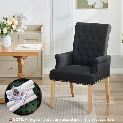 WUTUTUEE Fabric Dining Chair with Arms, Upholstered Tufted High Back Dining Room Chairs, Accent Armchair with Solid Wood Leg and Nailhead Trim, Kitchen Dining Living Room, Black - color: Black, size: 1 PC