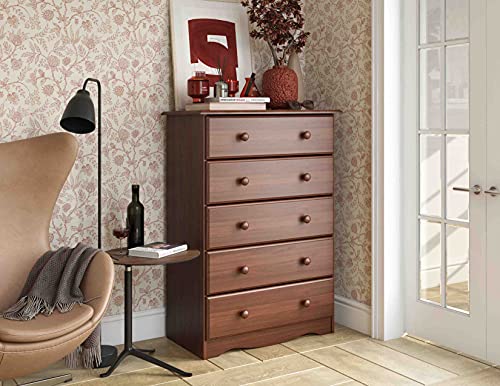 100% Solid Wood 5-Drawer Chest, Mocha. Requires Assembly