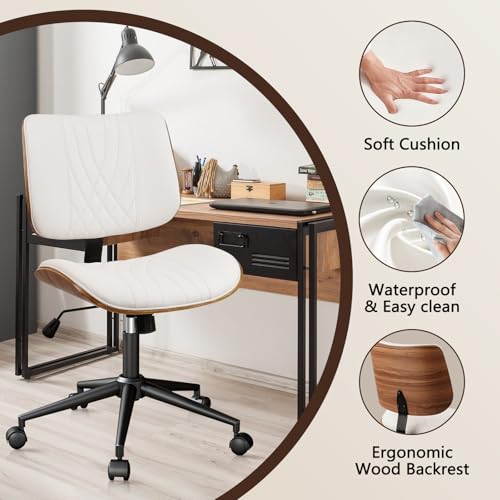 CLATINA Armless Home Office Chair, Desk Chair with Wheels, Adjustable Height Reading Chair, Leather Mid Back & Swivel Computer Chair, Modern Walnut Chairs with Back for Studio Meeting Room(White) - color: White Diamond-a, size: 1 Pack
