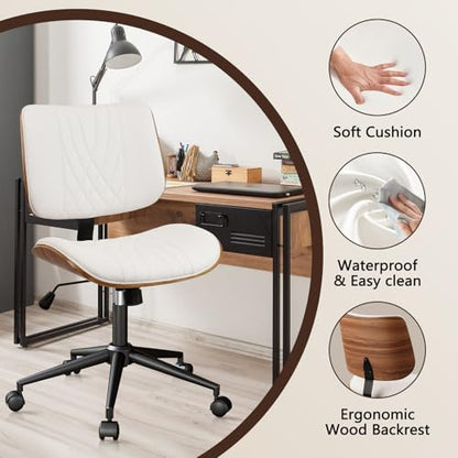 CLATINA Armless Home Office Chair, Desk Chair with Wheels, Adjustable Height Reading Chairs, Leather Mid Back & Swivel Computer Chairs, Modern Walnut with Back for Study Meeting Room(White) 4Pack - color: White Diamond-a, size: 4 Pack