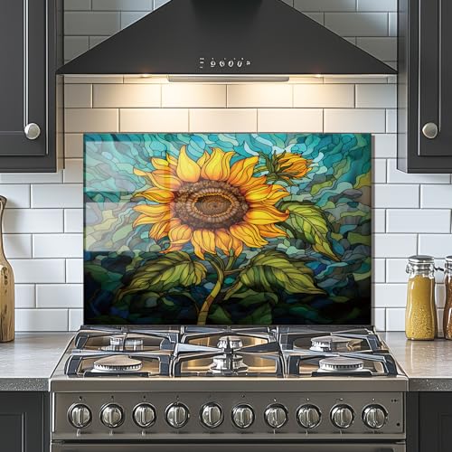 Evgosm Tempered Glass Backsplash for Kitchen， Stove Splashback, sunflower Glass Backsplash, Easy to Install and Clean, Used for Kitchen Wall Protection and Decoration. (30x16'') - size: 30"L x 16"W, style: sunflower