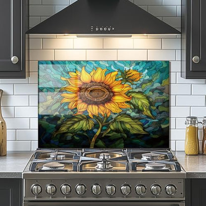 Evgosm Tempered Glass Backsplash for Kitchen， Stove Splashback, sunflower Glass Backsplash, Used for Kitchen Wall Protection and Decoration, Easy to Install and Clean. (30x20'') - size: 30"L x 20"W, style: sunflower