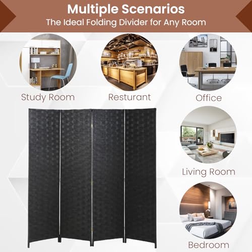 Room Divider Wall Divider 6FT 4 Panels Wood Mesh Hand-Woven Indoor Room Screen Folding Portable Partition Screen, Black - color: Black