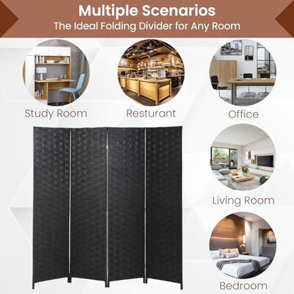 Room Divider Wall Divider 6FT 4 Panels Wood Mesh Hand-Woven Indoor Room Screen Folding Portable Partition Screen, Black - color: Black