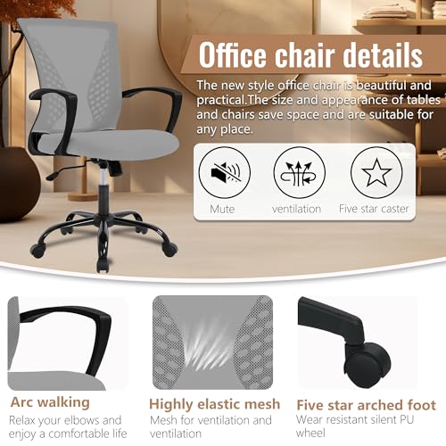 FDW Home Office Chair Mid Back PC Swivel Lumbar Support Adjustable Desk Task Computer Ergonomic Comfortable Mesh Chair with Armrest (Grey) - color: Grey