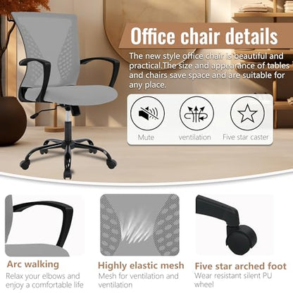 FDW Home Office Chair Mid Back PC Swivel Lumbar Support Adjustable Desk Task Computer Ergonomic Comfortable Mesh Chair with Armrest (Grey) - color: Grey
