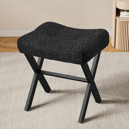 18-Inch Vanity Stool Chair, Black Makeup Stool | Teddy Flannel Vanity Bench, Metal X-Leg, 300 LBS, 16.3"x12.4"x18", Ottoman Accent Stool, Breathable Soft Saddle Seat - size: Small, style: Black Fabric