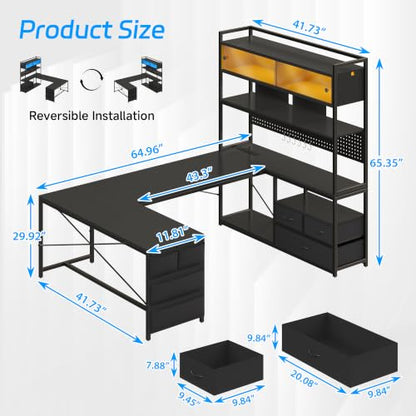 busyeah U-Shaped Gaming Desk with Storage Shelves & 3 Drawers, Black | Reversible Computer Desk with LED Lights & Charging Station, Gaming Desk with Hutch and Pegboard for Home Office, Gamers - color: Black