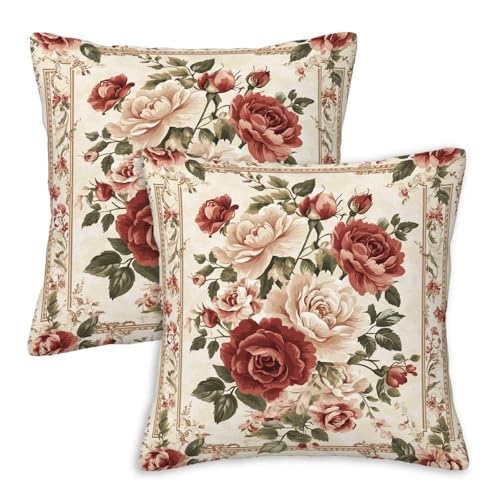 Firmiso Vintage Rose Throw Pillow Covers 18x18 Set of 2 | Classic Floral Decorative Cushion Covers for Couch Sofa Bed | Retro Cottage Home Decor Pillow Cases | Cream Red Green Accent - color: Vintage Rose