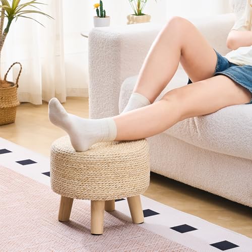 Cpintltr Ottoman Natural Seagrass Footrest Poufs Hand Weave Round Foot Stool for Couch Desk Soft Step Stool Padded Foot Rest with Pine Legs for Living Room Bedroom (Natural White) - color: Natural White