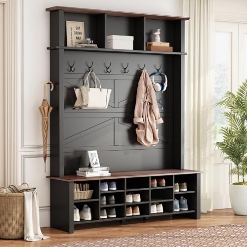 JIVOIT Farmhouse Retro Style Hall Tree, Multi-functional 4-in-1 Design Hall Tree, Practical Walnut Entryway Bench with Adjustable Shelves, Shoe Organizer with 16 Open Compartments for Entryway - color: Black/07