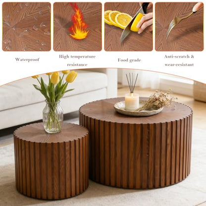 Handcraft Round Nesting Coffee Table (Brown 27.56+19.69in) | Chic Wave Stripe Edge, Modern Stylish Walnut Wooden Circle Fluted Center Table for Living Room - color: A Brown 27.56+19.69in