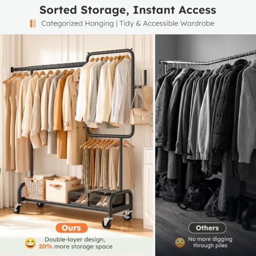 SOLEDI Heavy Duty Partitioned Clothes Rack, 600 LBS Load Metal Garment Rack with Shelves & Lockable Wheels, Rolling Hanging Rack for Bedroom, Laundry Room, Store & Garage (Black) - color: Black