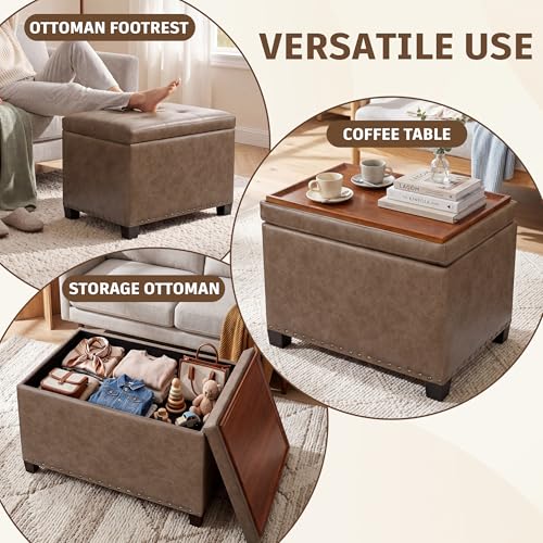 Homebeez 22" Storage Ottoman Coffee Table with Flip Top Tray, Tufted Faux Leather Footrest Stool with Nailhead Trim, Large Foot Rest for Living Room, Taupe Brown - color: Taupe Brown