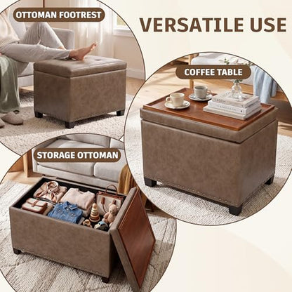Homebeez 22" Storage Ottoman Coffee Table with Flip Top Tray, Tufted Faux Leather Footrest Stool with Nailhead Trim, Large Foot Rest for Living Room, Taupe Brown - color: Taupe Brown