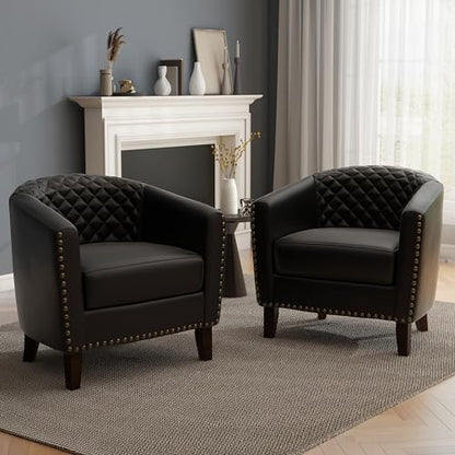 Faux Leather Accent Chair, Modern Barrel Club Chair, Black | Comfy Upholstered Armchair for Living Room, Round Club Chair Single Sofa Bedroom Reading Seat | 26"D*29"W*29"H - color: Black
