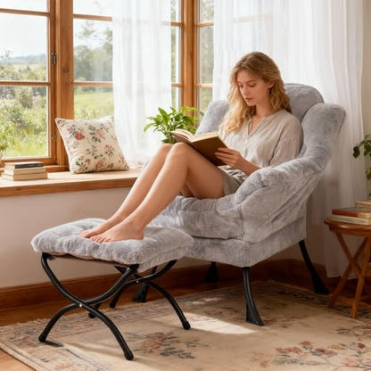 Modern Lazy Chair with Ottoman Lounge Accent Reading Chair for Living Room | Foldable Footstool,Removable Cover,with Armrests & Side Pockets,Upholstered Lounge Chair for Bedroom,Dorm,Office,Small Space - color: Plush Grey