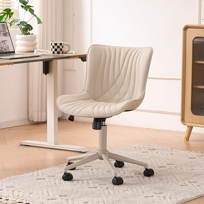 YOUTASTE All Cream Office Chair, Modern Armless Desk Chair with Back, Adjustable Swivel Rolling Faux Leather Task Chair with Wheels Metal Base for Home Office, Study, or Vanity - color: All Cream