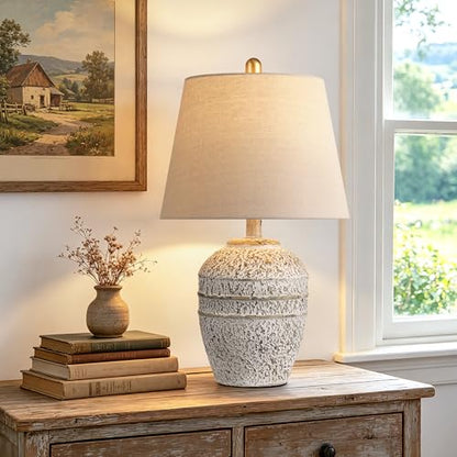 Farmhouse Ceramic Table Lamp, Natural Distressed Earth Tone Finish, Grey | Modern Bedside Lamp with Linen Shade, Rustic Table Lamp for Living Room, Bedroom Nightstands Dining Office